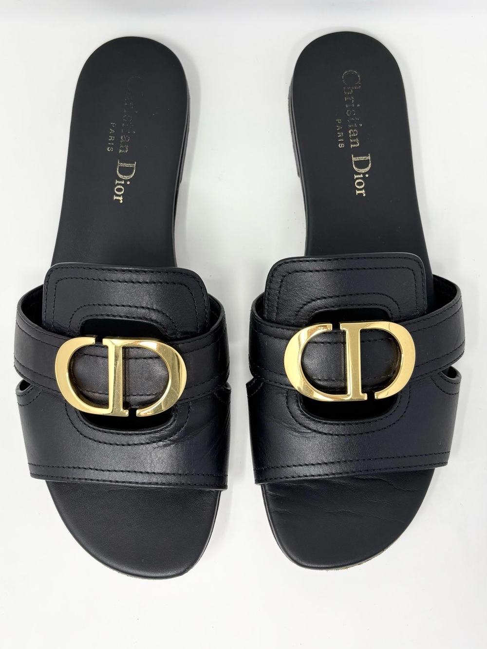 Dior 30 Montaigne Slides Black Calfskin Gold CD Logo Sandals Size 38 8 Authentic - Picture 9 of 15